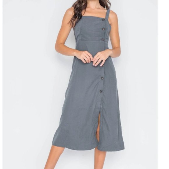 Grade & Gather Women's Crushed Button-Front Midi Dress Square Neck Gray‎ Size M - Picture 1 of 7
